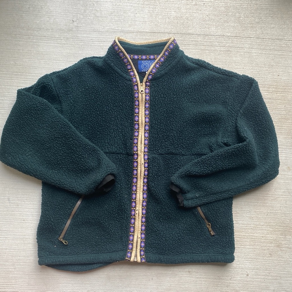 Vintage Alf Kuhl Aztec Fleece Jacket Large Green Zip Granola Polartec 90s